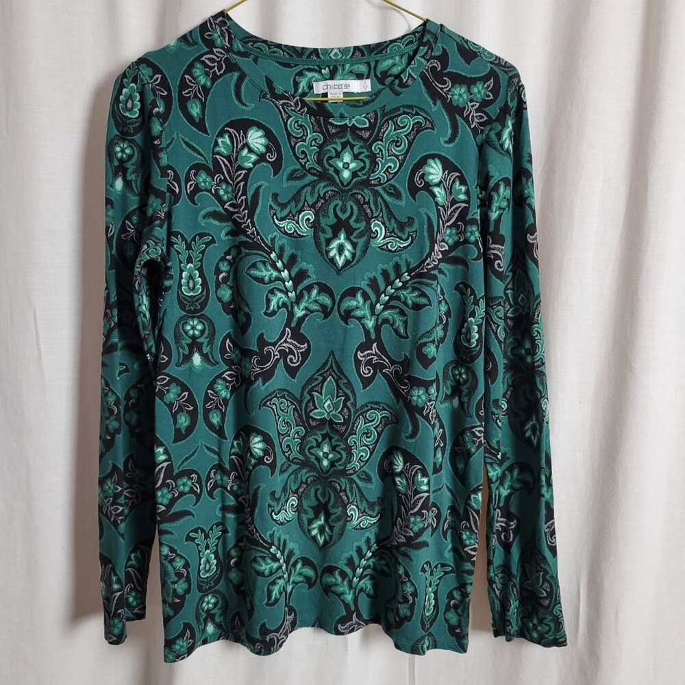 Chico's Top Blue Black Paisley stretch casual knit Size 1 Med. Classic Preppy - Picture 2 of 10